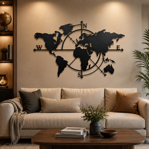 World Map Compass Metal Wall Art