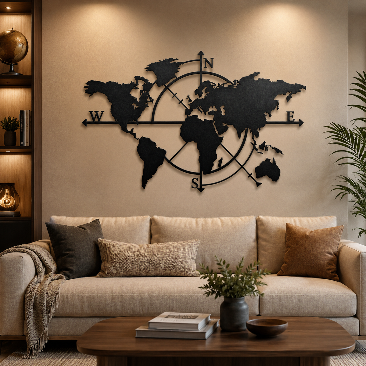 World Map Compass Metal Wall Art