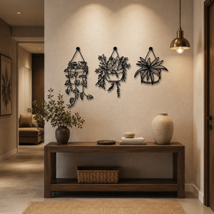Hanging Planters Metal Wall Art Set of 3 – Matte Black Botanical Wall Decor
