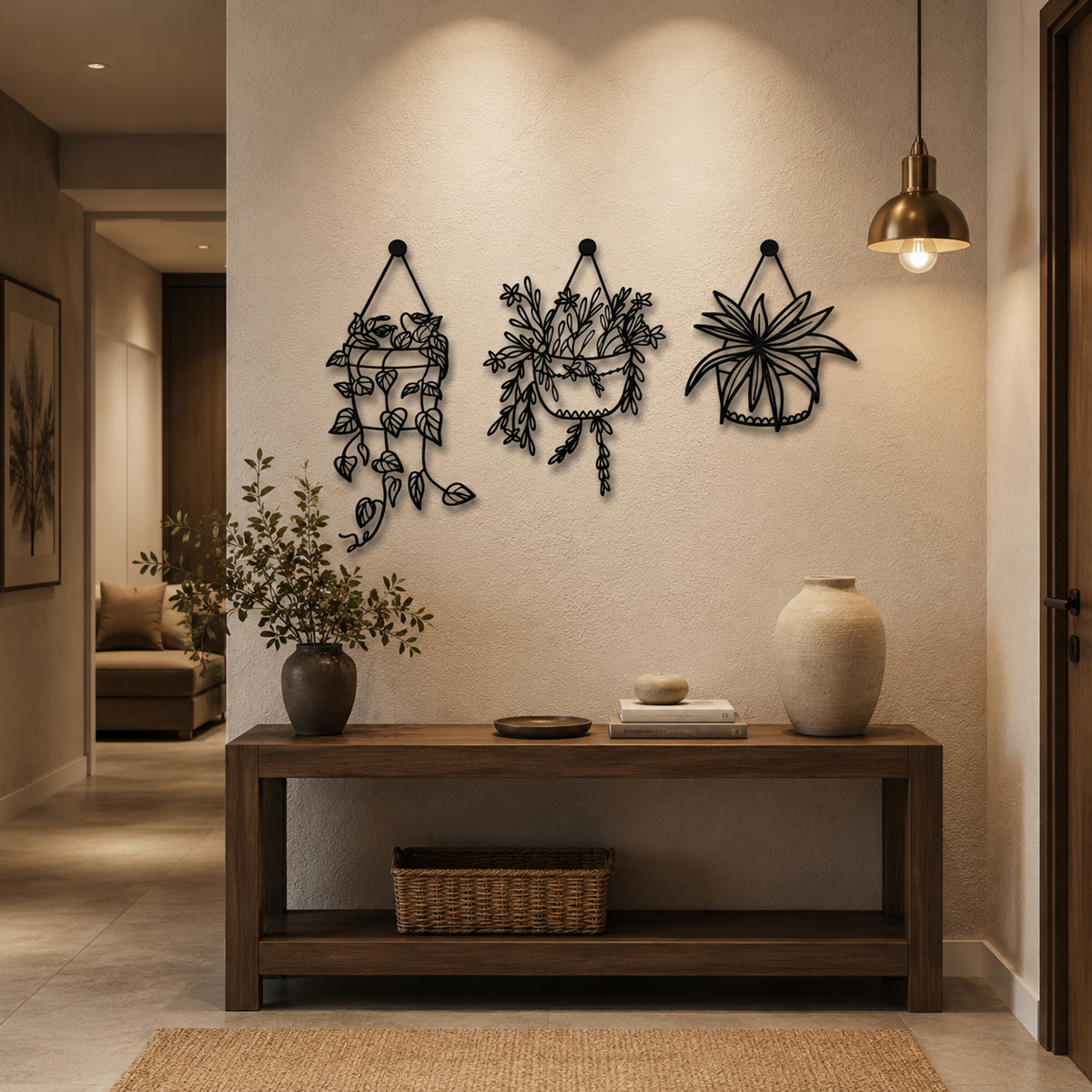 Hanging Planters Metal Wall Art Set of 3 – Matte Black Botanical Wall Decor
