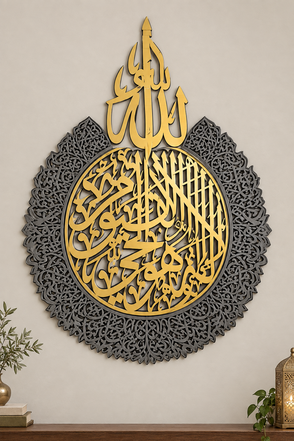 Ayathul Kursi Wall Art | Ornate Gold-Tone Arabic Calligraphy