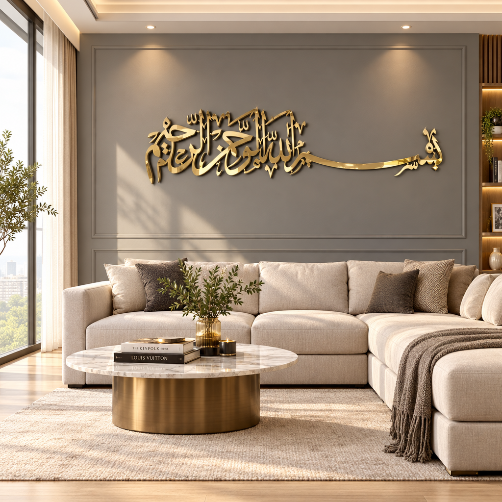 Bismillah Gold Wall Art – 36 x 12 inch Bismillahir Rahmanir Raheem Islamic Calligraphy