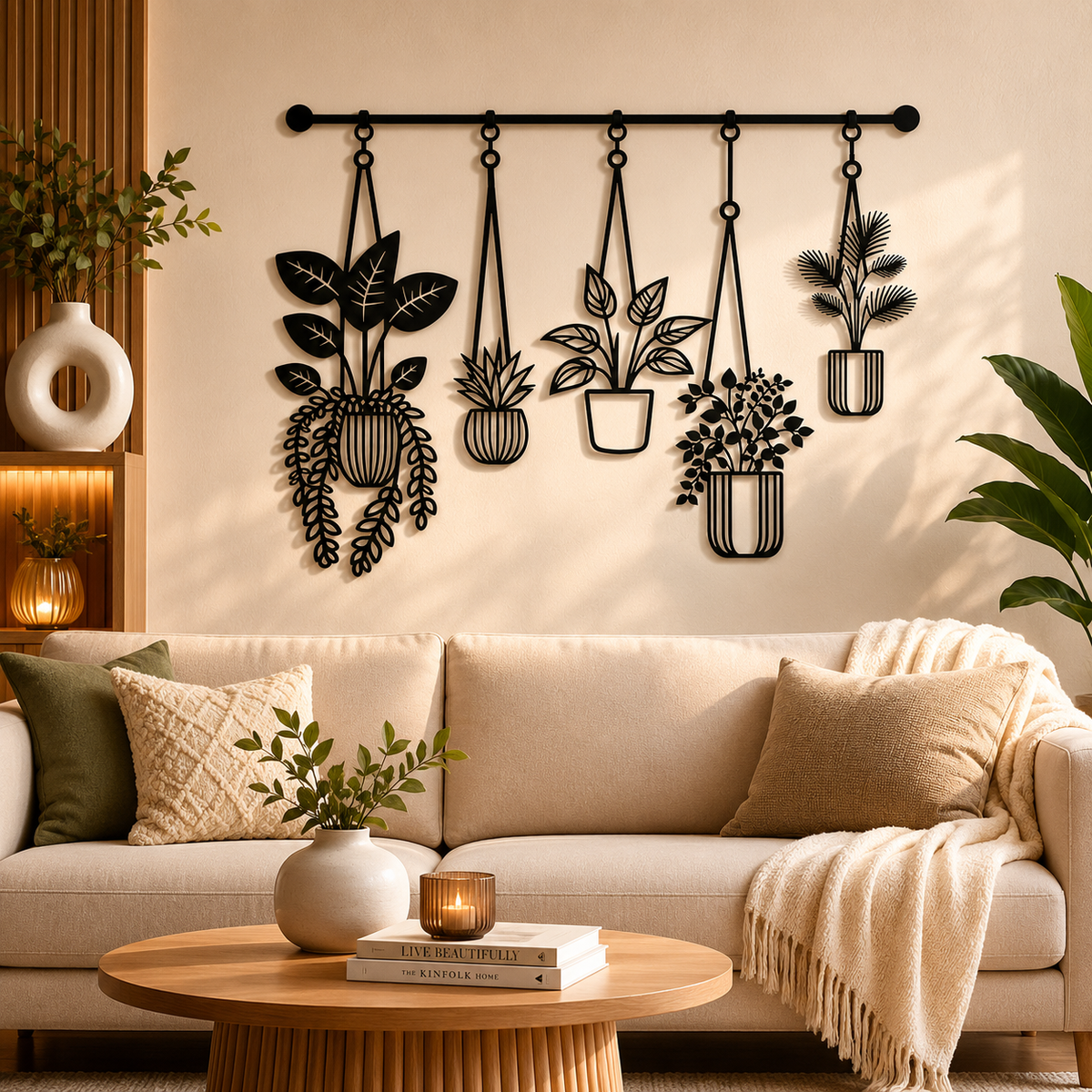 Hanging Plant Pots Metal Wall Art – Matte Black Boho Botanical Wall Decor (60 x 80 cm)