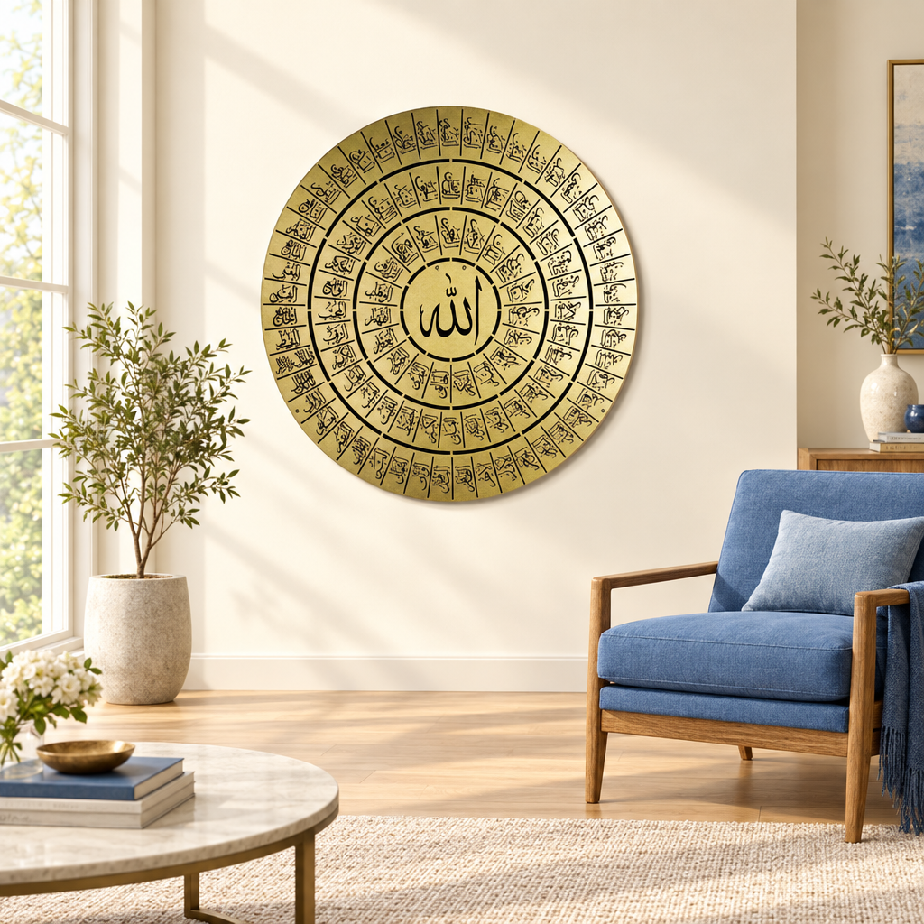 Gold-Tone Allah Arabic Calligraphy Round Wall Art