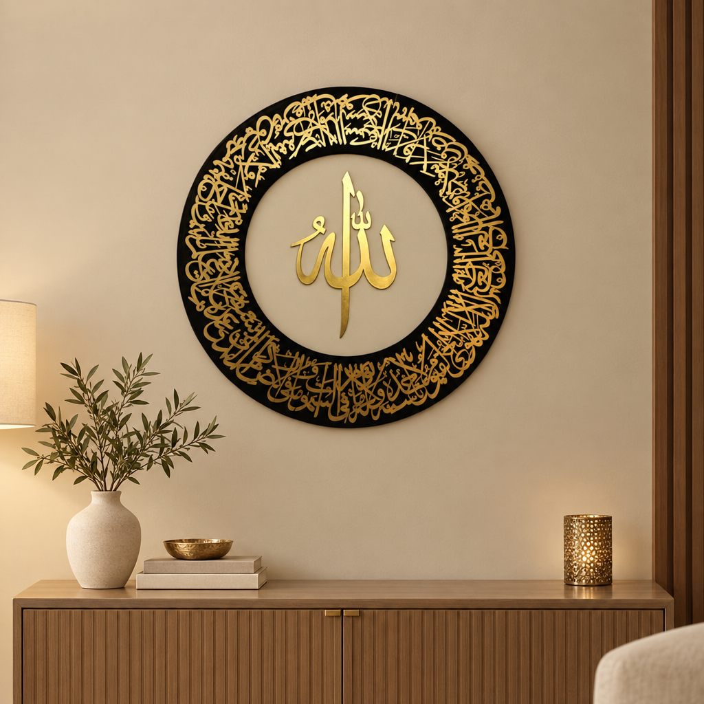 Round Allah Calligraphy Wall Art | Black & Gold 24 in