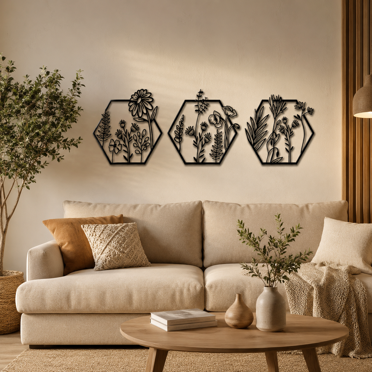Hexagon Wildflower Metal Wall Art Set of 3