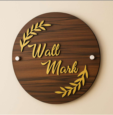 Round Wood-Look Acrylic Wall Mark Sign with Gold Laurel Design | ZNB_308