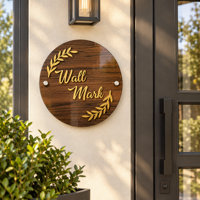 Round Wood-Look Acrylic Wall Mark Sign with Gold Laurel Design | ZNB_308