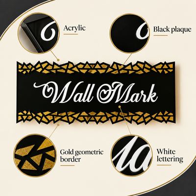 Black Acrylic Wall Mark Sign with Gold Geometric Border | ZNB_313