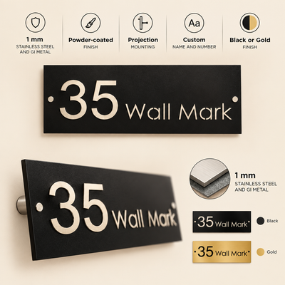 ZNB_211 Modern House Number SS + GI Metal Name Plate | 1 mm Projection Design