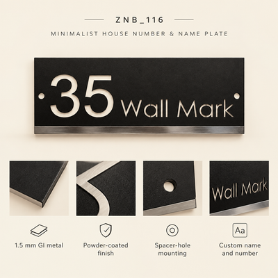 ZNB_116 Modern Rectangular House Number Name Plate | 1.5 mm GI Metal