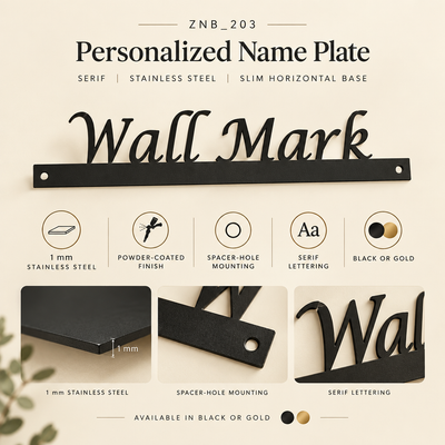 ZNB_203 Elegant Serif Stainless Steel Name Plate | 1 mm Spacer Mount