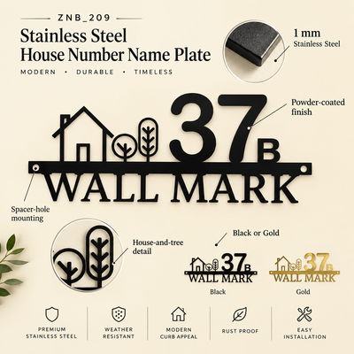ZNB_209 Decorative House Number Stainless Steel Name Plate | 1 mm Spacer Mount