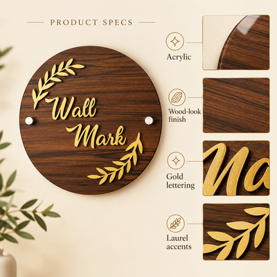 Round Wood-Look Acrylic Wall Mark Sign with Gold Laurel Design | ZNB_308
