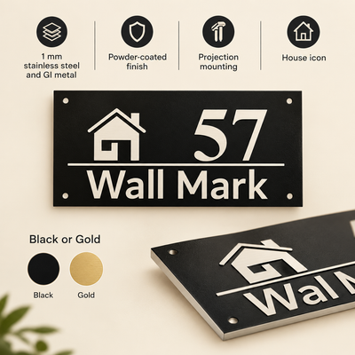 ZNB_213 House Icon SS + GI Metal Number Name Plate | 1 mm Projection Design