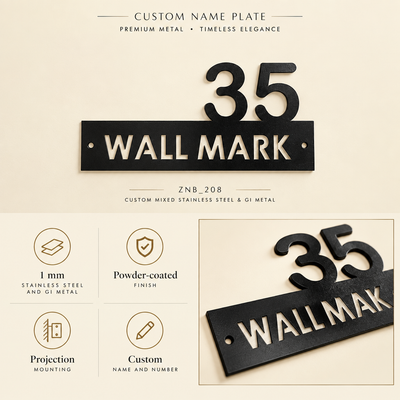 ZNB_208 Custom House Number SS + GI Metal Name Plate | 1 mm Projection Design