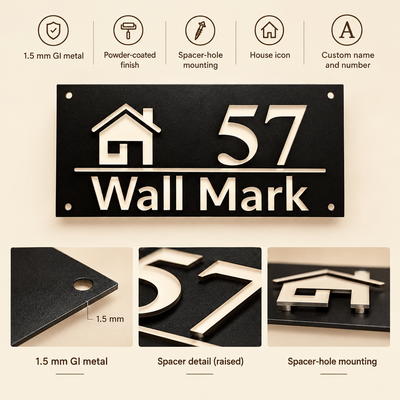 ZNB_118 Modern House Icon Number Name Plate | 1.5 mm Powder-Coated GI Metal